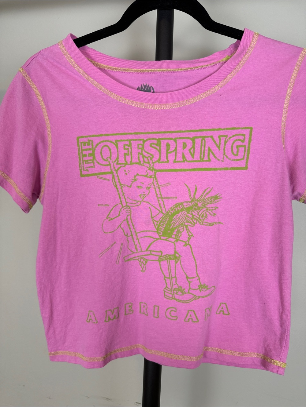 The Offspring Americana Album Band Tee Pink Lime Green Stitching Crop Baby Top
